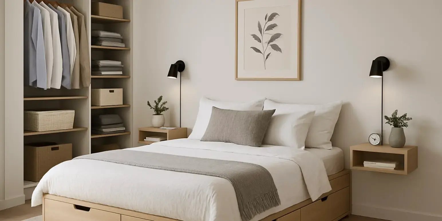 recamara de una casa con una cama con cajones burs flotantes y closets bien organizados