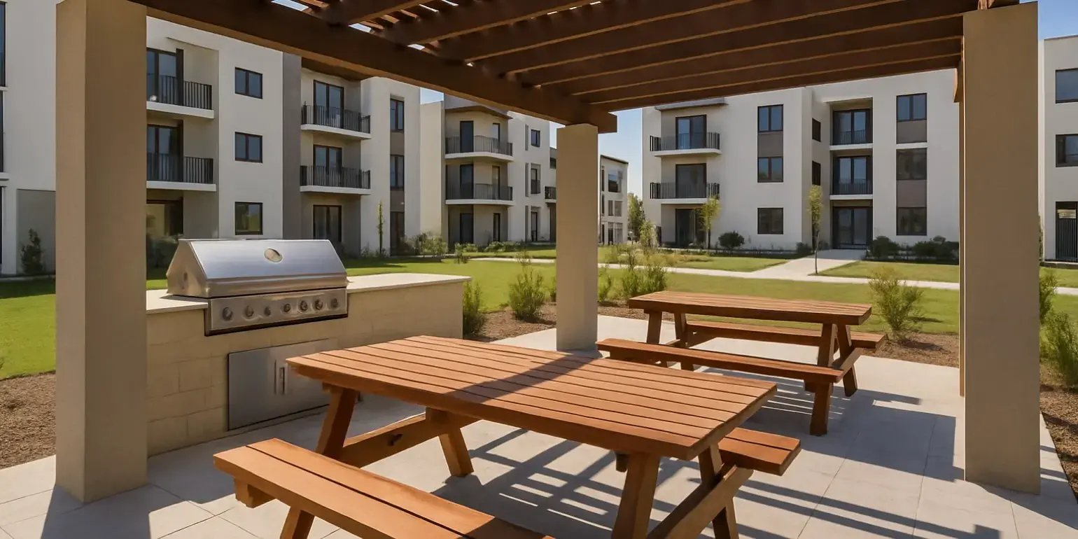 un asador y mesas con una pergola de un desarrollo residencial