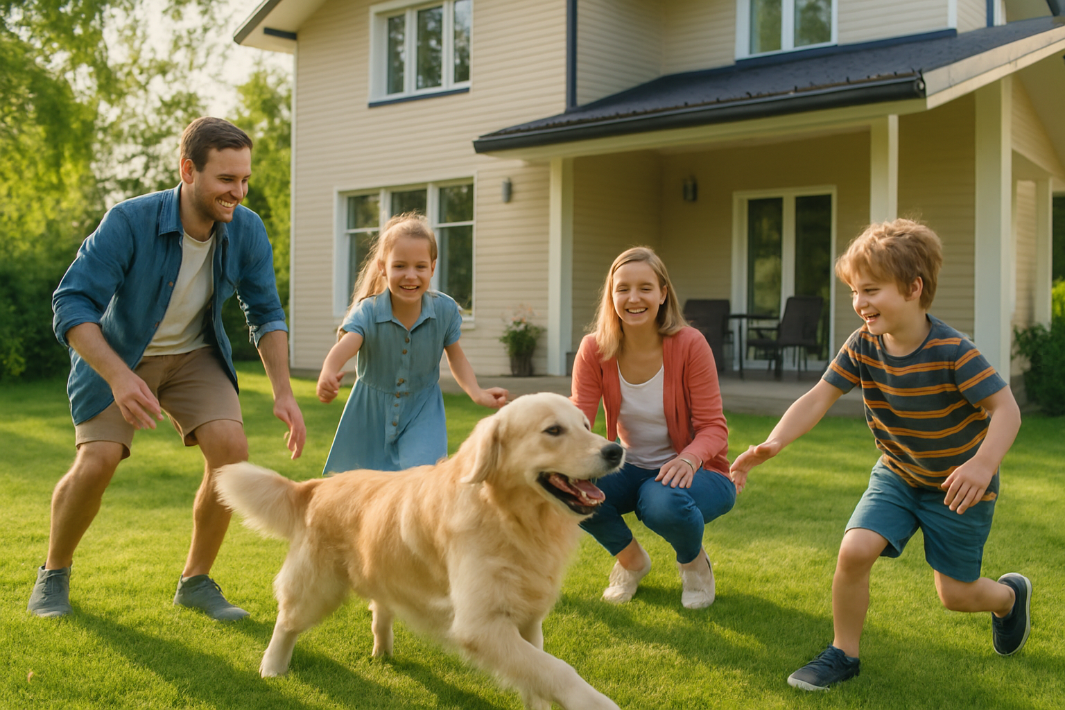 Familia jugando con perro en jardín 