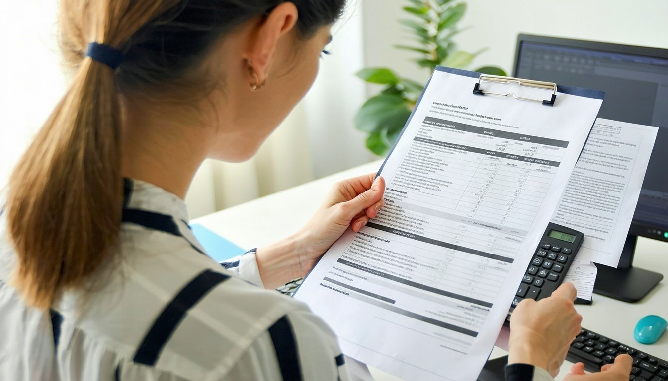 Persona revisando documentos y calculando cifras p